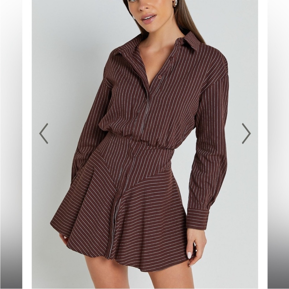 WHITNEY MINI DRESS - LINEN LOOK LONG SLEEVE SHIRT DRESS IN CHOCOLATE PINSTRIPE 2